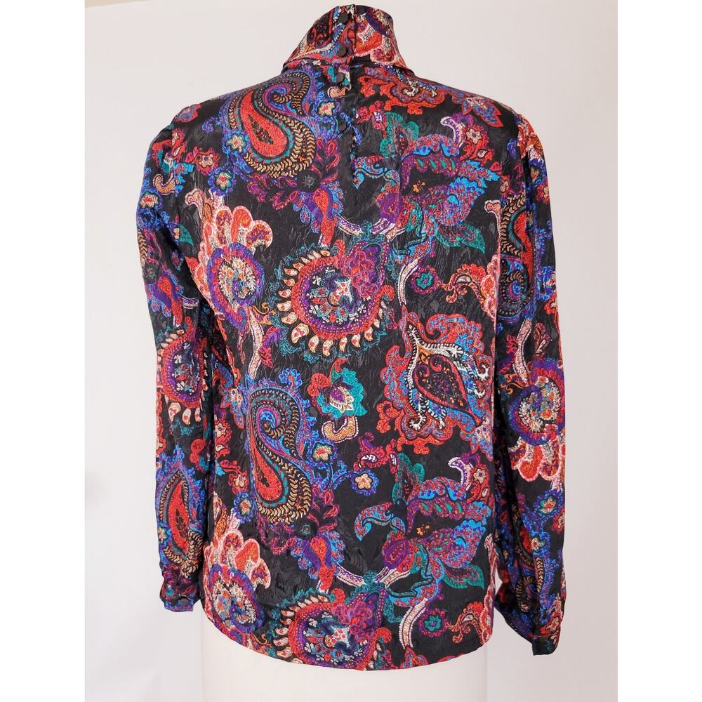 Vintage Jeri Marque Paisley‎ Mock Neck Blouse Black Red Blue Jacquard Size 10